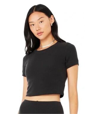 ALO Yoga Black Waffle Ribbed Short Sleeve Crop Top